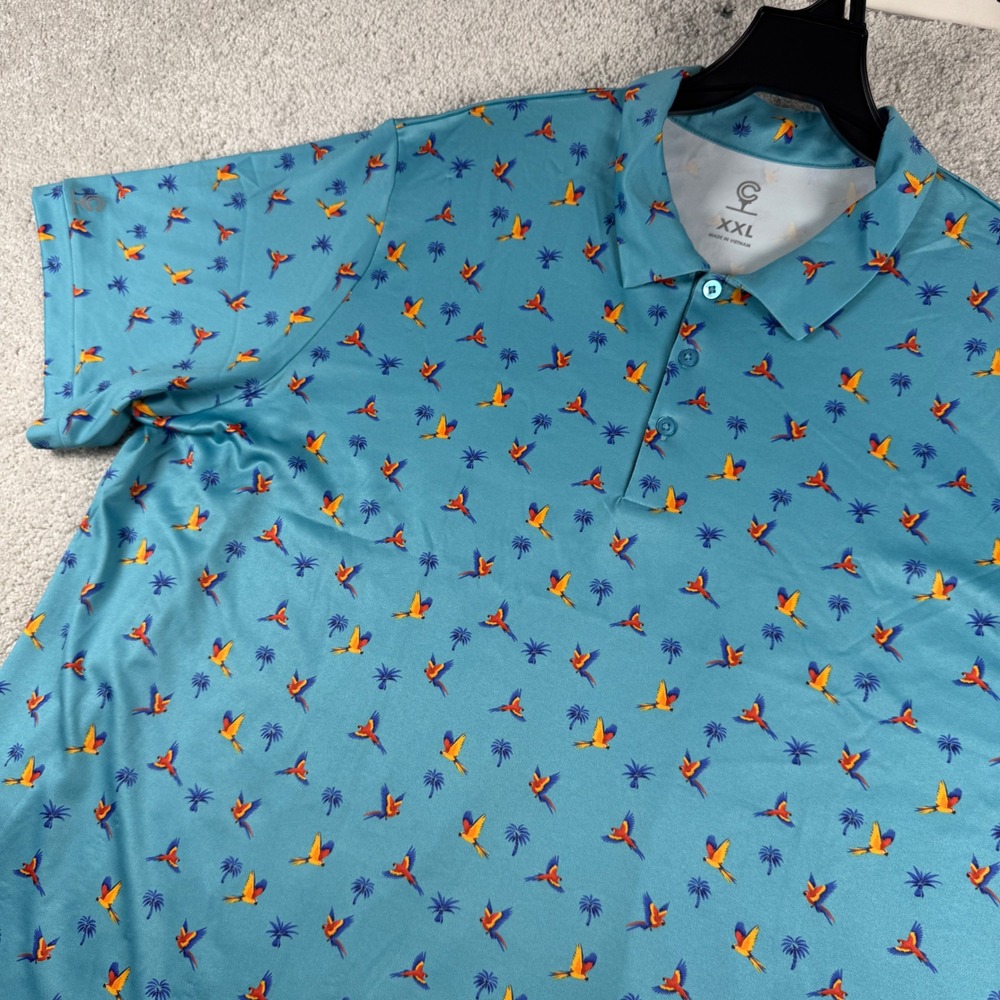 Clubhouse Golf Polo Shirt Mens XXL Blue Parrot Palm Tree Performance Stretch 2XL
